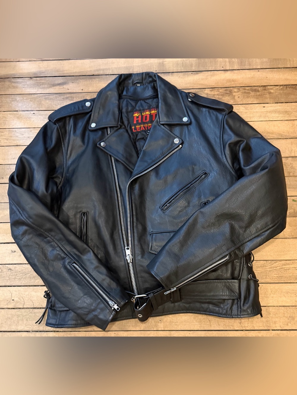 Hot Leathers Black Leather Motorcycle Jacket Size 48 Zipper Belted Zip Out Liner